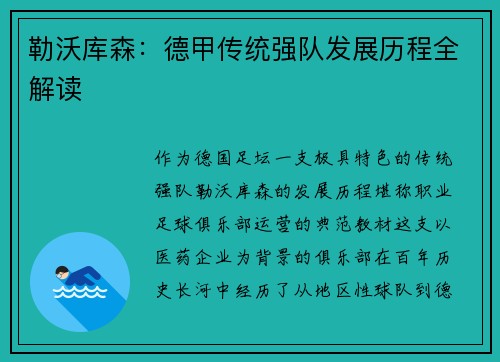 勒沃库森：德甲传统强队发展历程全解读